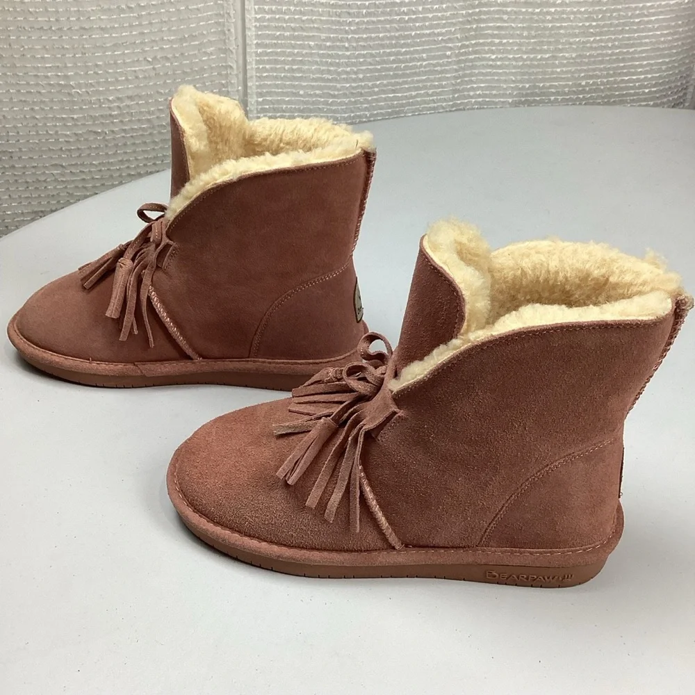 Bearpaw Christie Wide Suede Sheepskin Pink Winter Ankle Boots Booties